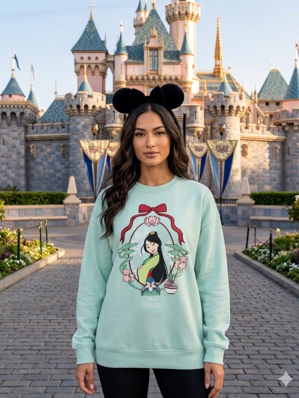 Boxlunch Mulan Disney Portrait Crewneck Sweatshirt Exclusive Teal Embroidered S